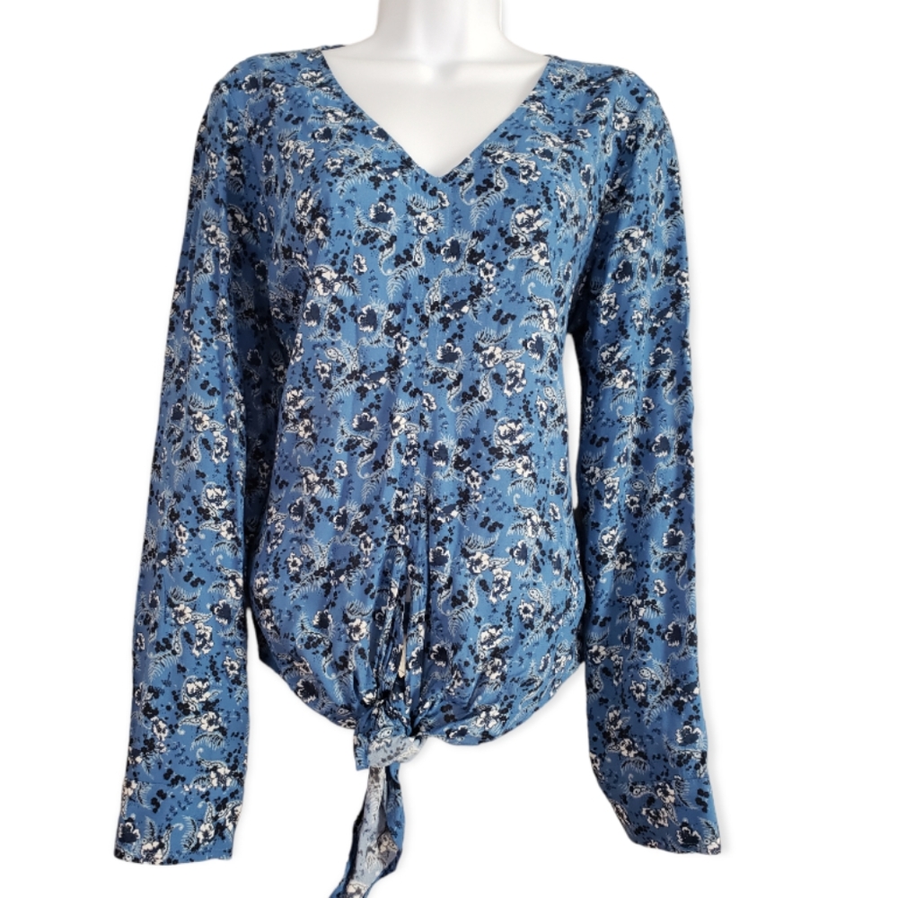 NWOT Karen Kane blue floral tie front blouse top Womens Small